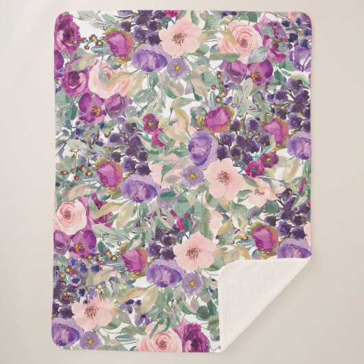 Stijlvolle Paarse roze Waterverf Floral Boho Sherpa Deken (Voorkant)