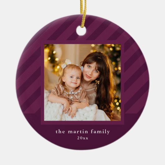 Stijlvolle Paarse Streep Eenvoudige Foto Kerst Keramisch Ornament (Voorkant)