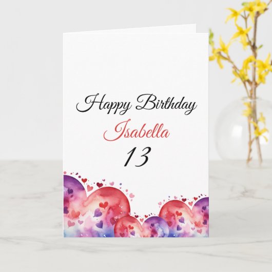Stijlvolle Paarse Waterverf Hart 13e Verjaardag Kaart (Gele Bloem)