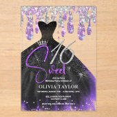 Stijlvolle paarse zwarte jurk zoet 16 monogram acryl uitnodigingen (Voorkant)