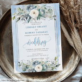 Stijlvolle Pastel Blauw Wit Zilveren Bloemen Huwel Kaart