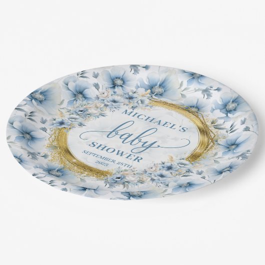 Stijlvolle pastel blauwe bloemen goud boho douche papieren bordje (Gekanteld)