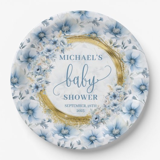 Stijlvolle pastel blauwe bloemen goud boho douche  papieren bordje (Voorkant)