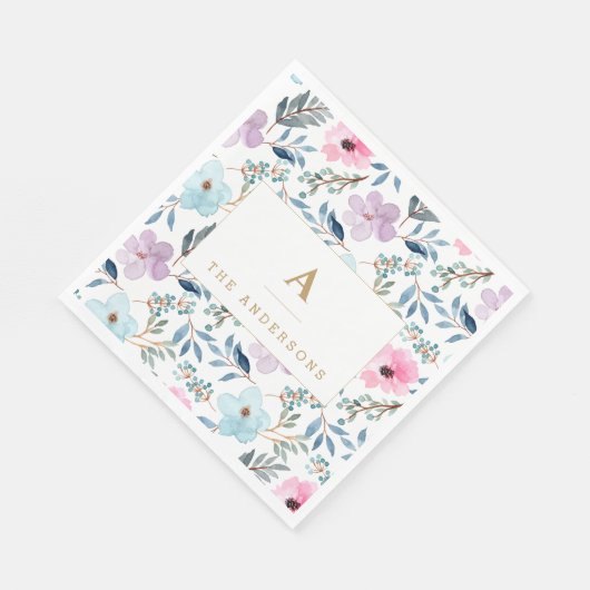 Stijlvolle Pastel Blauwe Waterverf Bloemen Monogra Servet (Hoek)