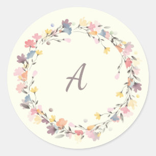 Stijlvolle Pastel Bloemenkrans Monogram Gepersonal Ronde Sticker