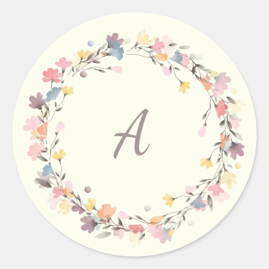 Stijlvolle Pastel Bloemenkrans Monogram Op Maat Ronde Sticker (Voorkant)