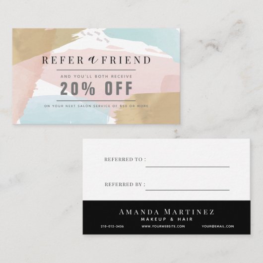 Stijlvolle Pastel Waterverf & Gouden Salon Verwijz Visitekaartje (Voorkant / Achterkant)