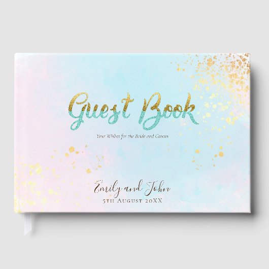 Stijlvolle Pastel Waterverven Faux Glitter Bruilof Gastenboek (Voorkant)