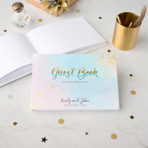 Stijlvolle Pastel Waterverven Faux Glitter Bruilof Gastenboek