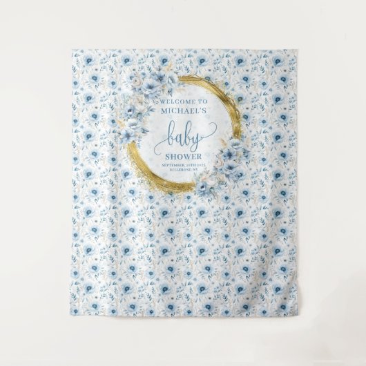 Stijlvolle Pastelblauwe Gouden Baby Shower Tapijt Wandkleed (Voorkant)