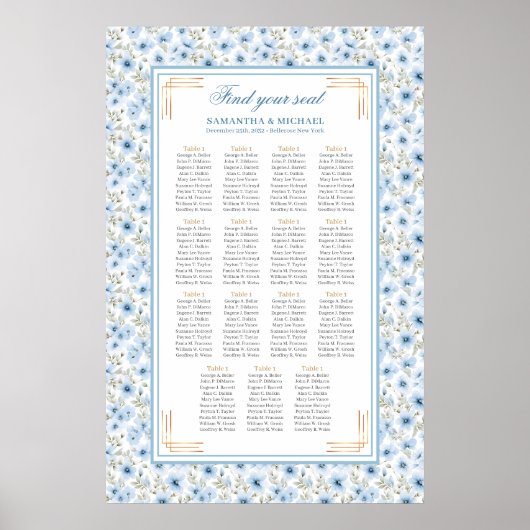 Stijlvolle pastelblauwe gouden waterverf zitplaats poster (Voorkant)