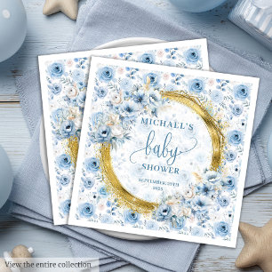 Stijlvolle pastelblauwe rozen gold boy baby shower servet