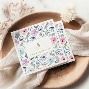 Stijlvolle Pastelblauwe Waterverf Bloemen Monogram Servet