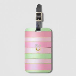 Stijlvolle pastelroze en groene monogrammering bagagelabel