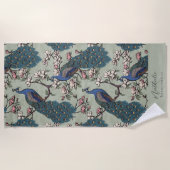 Stijlvolle Pauw-en-Bloem Bruidsmeisje Saliegroen Strandlaken (Voorkant)