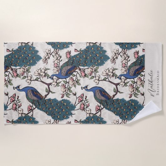 Stijlvolle pauw en bloem bruidsmeisje strandlaken (Voorkant)