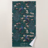 Stijlvolle Pauw-en-Bloem Bruidsmeisje Teal Strandlaken (Voorkant)