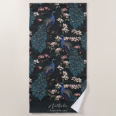 Stijlvolle Pauw en Bloem Bruidsmeisje Zwart Strandlaken (Voorkant)