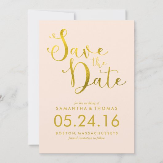 Stijlvolle Peach Script Wedding Sla de datum op Save The Date (Voorkant)