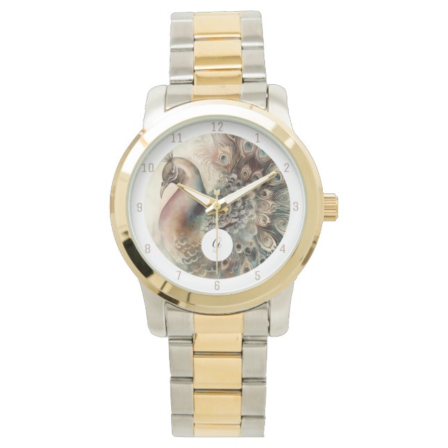 Stijlvolle Peacock Watch | Voeg uw Initiaal toe Horloge (Voorkant)