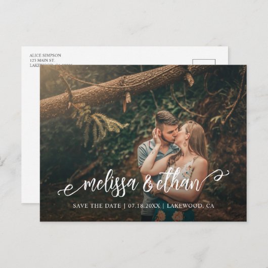 Stijlvolle penseelscriptverbinding met de datum op aankondigingskaart (Voorkant / Achterkant)