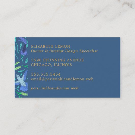 Stijlvolle Periwinkle Floral Bird Pattern Visitekaartje (Achterkant)