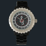 Stijlvolle pianosleutels, hart- en muzieknoten horloge<br><div class="desc">Stijlvolle pianokleutels,  hart- en muzikale noten,  in rood wit en zwart. Geweldig cadeau voor piano- of toetsenbordspeler of muzikant in je familie</div>