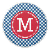 Stijlvolle Picnic Blue Gingham en Red Monogram Keramische Knop (Voorkant)