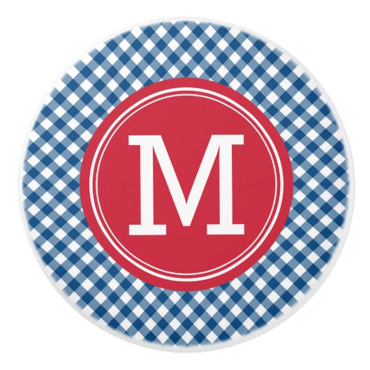 Stijlvolle Picnic Blue Gingham en Red Monogram Keramische Knop (Voorkant)