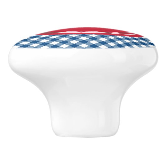 Stijlvolle Picnic Blue Gingham en Red Monogram Keramische Knop (Zijkant)
