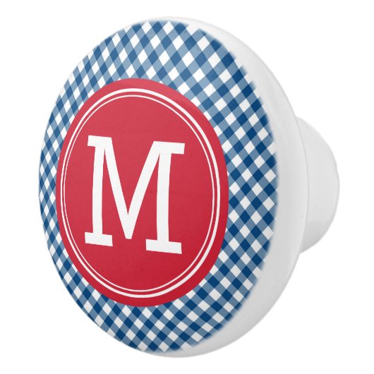 Stijlvolle Picnic Blue Gingham en Red Monogram Keramische Knop (Rechts)