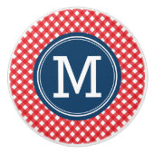 Stijlvolle Picnic Red Gingham en Blue Monogram Keramische Knop (Voorkant)