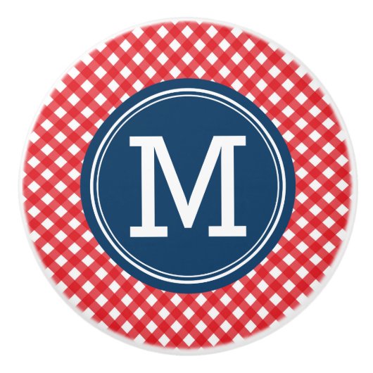 Stijlvolle Picnic Red Gingham en Blue Monogram Keramische Knop (Voorkant)