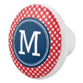 Stijlvolle Picnic Red Gingham en Blue Monogram Keramische Knop (Rechts)