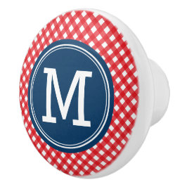 Stijlvolle Picnic Red Gingham en Blue Monogram Keramische Knop