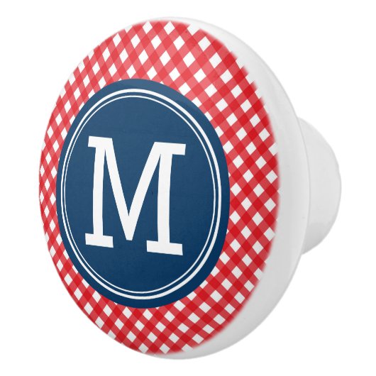 Stijlvolle Picnic Red Gingham en Blue Monogram Keramische Knop (Rechts)