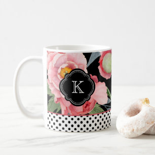 Stijlvolle pioenen en polka dots met monogram koffiemok