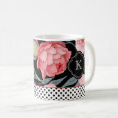 Stijlvolle pioenen en polka dots met monogram koffiemok (Voorkant rechts)