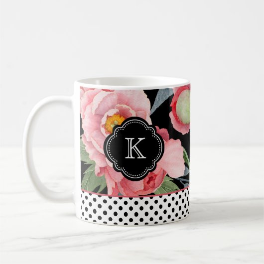 Stijlvolle pioenen en polka dots met monogram koffiemok (Links)