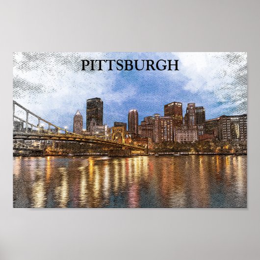 Stijlvolle Pittsburgh Cityscape Waterverf Cityscap Poster (Voorkant)