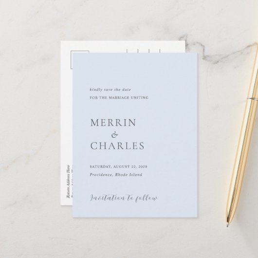 Stijlvolle Poederblauw Moderne bruiloft Save the D Aankondigingskaart (Voorkant / Achterkant in situ)