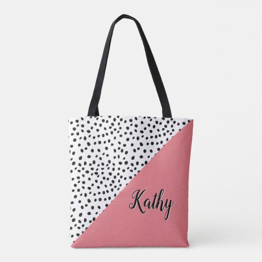 Stijlvolle Polka Dot Roze & Zwart met Naam Canvas Tote Bag (Achterkant)