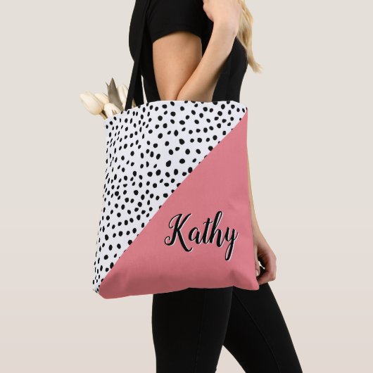 Stijlvolle Polka Dot Roze & Zwart met Naam Canvas Tote Bag (Dichtbij)