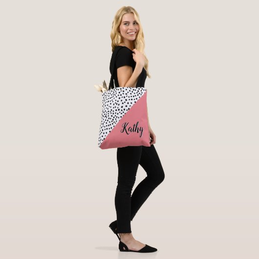 Stijlvolle Polka Dot Roze & Zwart met Naam Canvas  Tote Bag (Op model)