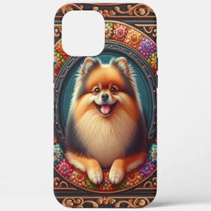 Stijlvolle Pommerse Hond Bloemen Kleurrijke Rand Case-Mate iPhone Case