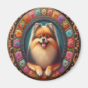 Stijlvolle Pommerse Hond Bloemen Kleurrijke Rand Magneet