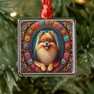 Stijlvolle Pommerse Hond Bloemen Kleurrijke Rand Metalen Ornament
