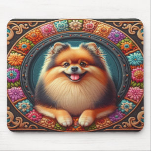 Stijlvolle Pommerse Hond Bloemen Kleurrijke Rand Muismat