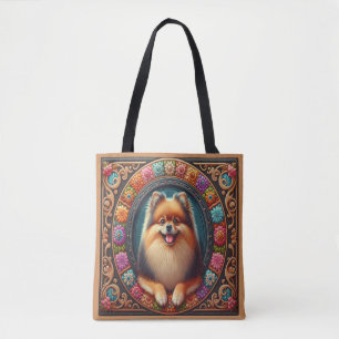 Stijlvolle Pommerse Hond Bloemen Kleurrijke Rand Tote Bag