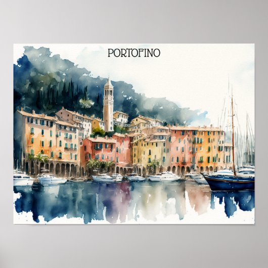 Stijlvolle Portofino Italië Waterverf schilderij Poster (Voorkant)